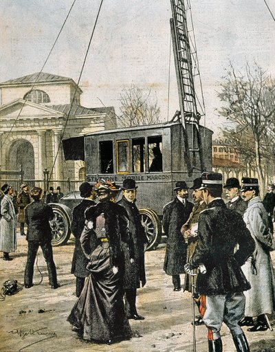 Guglielmo Marconi assisterer i Milano til testen av den første Stazione Radio Mobile. Illustrasjon av Achille Beltrame for "Domenica del Corriere"" (1906). Gravering. av Achille Beltrame