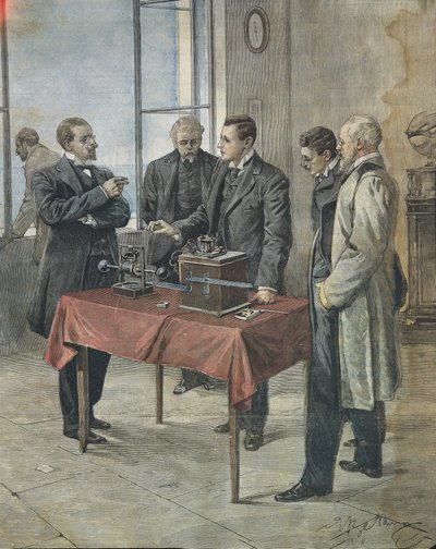 Guglielmo Marconi tester den trådløse telegrafien over Den engelske kanal. Illustrasjon av Achille Beltrame på den italienske avisen 'La Domenica del Corriere', 22. april av Achille Beltrame
