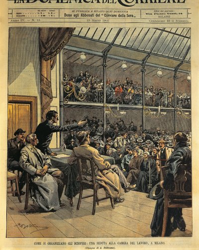 Hvordan organisere streiker, sesjon av Arbeidskammeret i Milano, illustrasjon av Achille Beltrame fra La Domenica del Corriere, 23. mars av Achille Beltrame
