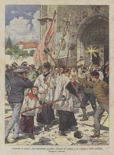 Opptøyene i Spania, en religiøs prosesjon angrepet av liberale og karlister i Gijon (Asturias) av Achille Beltrame