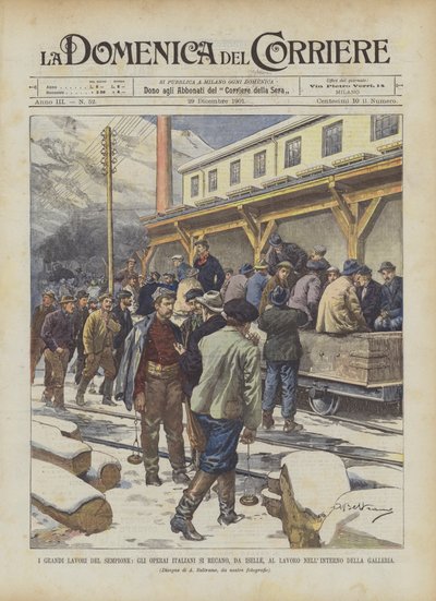 De store verkene til Simplon, de italienske arbeiderne går fra Iselle til å jobbe inne i galleriet av Achille Beltrame
