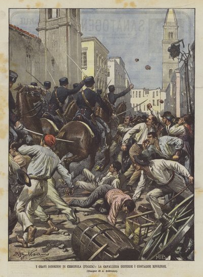 De alvorlige lidelsene til Cerignola (Foggia), kavaleriet sprer de opprørske bøndene av Achille Beltrame