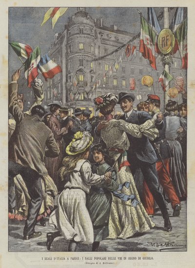 De kongelige i Italia i Paris, folkedanser i gatene som et tegn på jubileum av Achille Beltrame