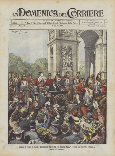 De kongelige i Italia i Paris, den triumferende inngangen til prosesjonen på Avenue Des Champs-Elysees av Achille Beltrame