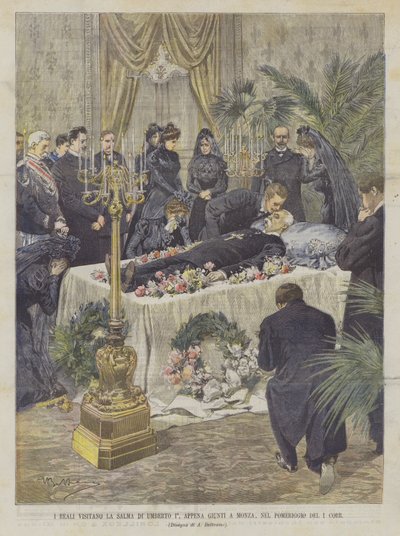 De kongelige besøker restene av Umberto I, så snart de ankommer Monza, om ettermiddagen 1. Korr. av Achille Beltrame