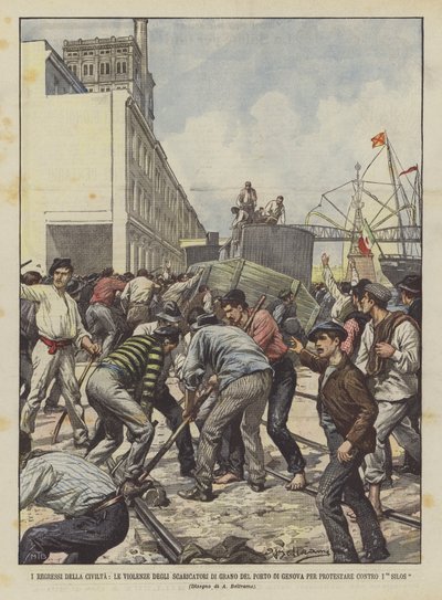 Sivilisasjonens regress, volden til kornlossere i havnen i Genova for å protestere mot siloene av Achille Beltrame