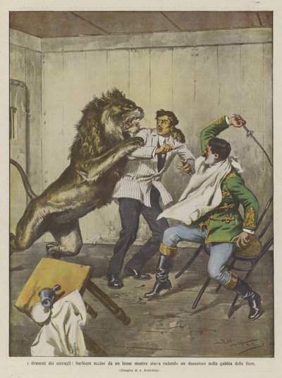 Dramaene fra menasjerene, en frisør drept av en løve mens han barberte en temmer i buret til dyrene av Achille Beltrame