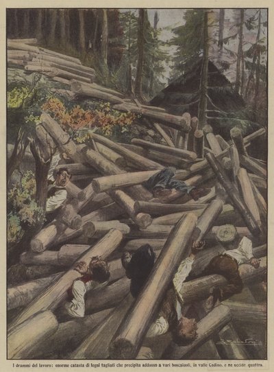 Arbeidets dramaer, en enorm haug med kuttet ved som faller på ulike tømmerhoggere? av Achille Beltrame