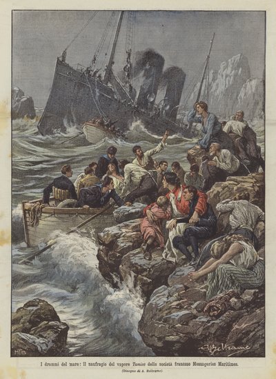 Havets dramaer, forliset av Tamise-damperen til det franske selskapet Messageries Maritimes av Achille Beltrame