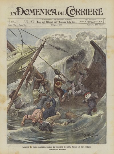 Dramaene i havet, forliset, forårsaket av monsunen, av italienske arbeidere i det indiske hav av Achille Beltrame