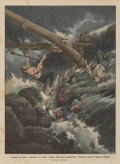 Dramaene fra havet, forliset, med fem ofre, av fiskebåten Ricordo ved havnen i Pesaro av Achille Beltrame