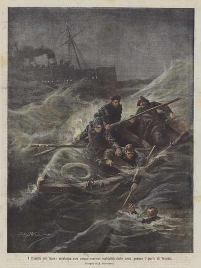 Havets dramaer, en livbåt med fem sjømenn slukt av bølgene, nær havnen i Venezia av Achille Beltrame
