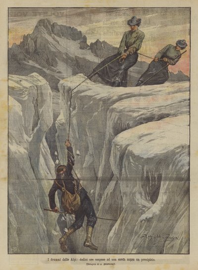 Alpenes dramaer, tolv timer hengt opp i et tau over et stup av Achille Beltrame