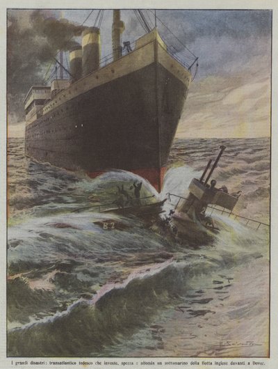 De store katastrofene, et tysk transatlantisk hav som treffer, bryter opp og senker en ubåt av? av Achille Beltrame