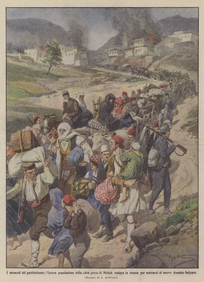 Patriotismens mirakler, emigrerer hele befolkningen i den greske byen Melnik massevis for? av Achille Beltrame
