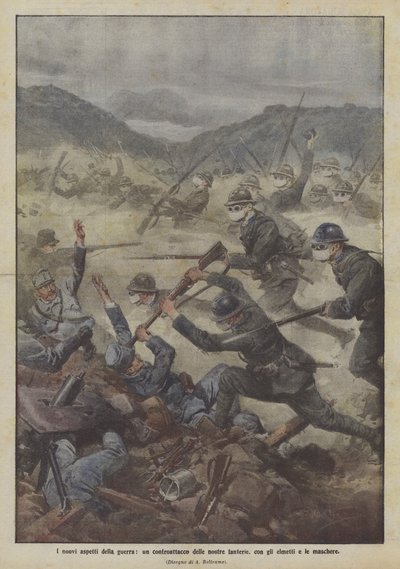 De nye sidene ved krig, et motangrep fra infanteriet vårt, med hjelmer og masker av Achille Beltrame