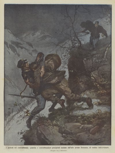 Farene ved smugling, vakt og smugler stormet sammen ovenfra kl? av Achille Beltrame