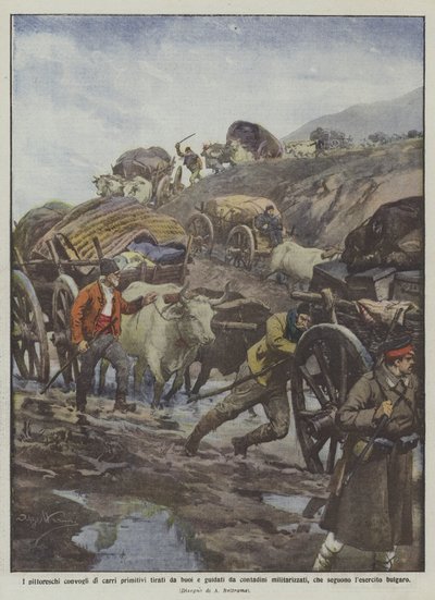 De pittoreske konvoiene av primitive oksetrukne vogner drevet av militariserte bønder? av Achille Beltrame