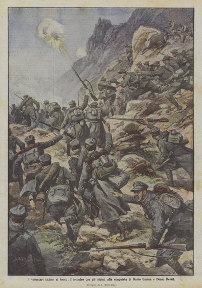Frivillige syklister ved bålet, møte med alpine tropper, erobre Dosso Casina og Dosso Remit av Achille Beltrame