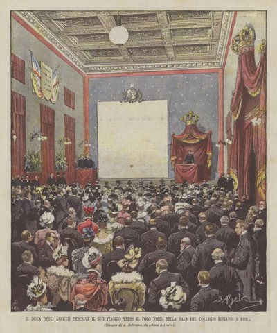 Hertugen av Abruzzi beskriver sin reise til Nordpolen, i hallen til The Roman College, i Roma av Achille Beltrame