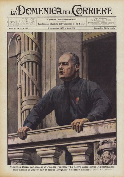 Il Duce, i Roma, fra balkongen til Palazzo Venezia, Vil vår latinske og middelhavsrase fortsatt gi? av Achille Beltrame
