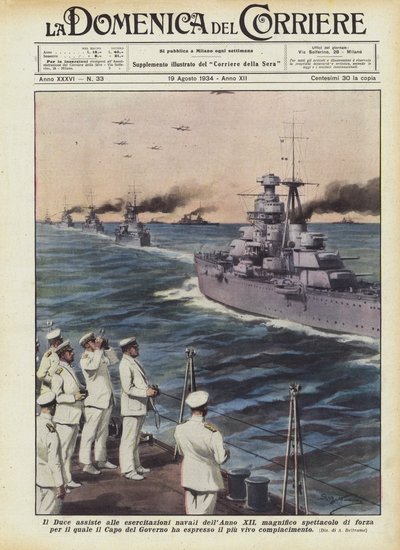 Il Duce deltar på marineøvelsene i XII-året, en storslått styrkedemonstrasjon for? av Achille Beltrame