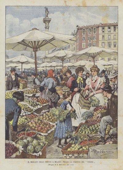 Fruktmarkedet i Milano, ved La Colonna Del Verzee av Achille Beltrame