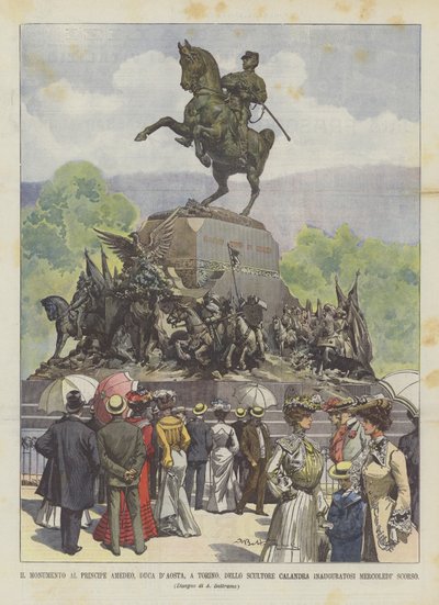 Monumentet til prins Amedeo, hertugen av Aosta, i Torino, av billedhuggeren Calandra, innviet sist onsdag av Achille Beltrame