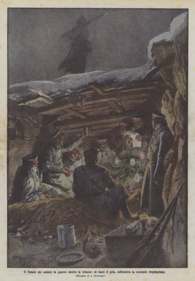 Julen til soldatene i krig inne i skyttergravene, frosten utenfor, den konstante frykten under jorden av Achille Beltrame