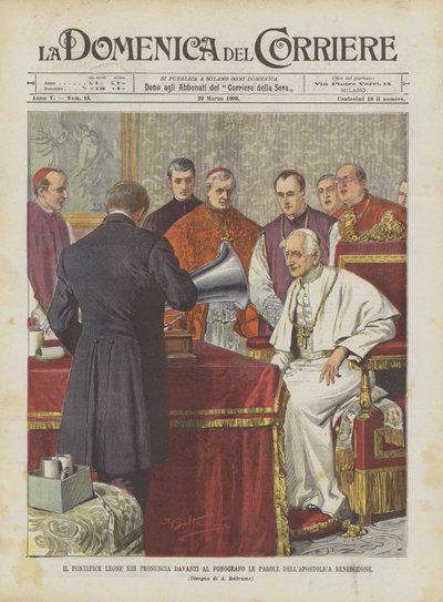 Pave Leo XIII uttaler ordene til den apostoliske velsignelse foran fonografen av Achille Beltrame