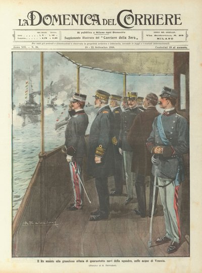 Kongen deltar på den grandiose paraden av førtiåtte skip i laget, i vannet i Venezia av Achille Beltrame