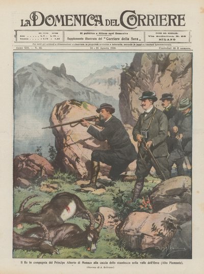 Kongen i selskap med prins Albert av Monaco jakter steinbukk i Orco-dalen (Øvre Piemonte) av Achille Beltrame