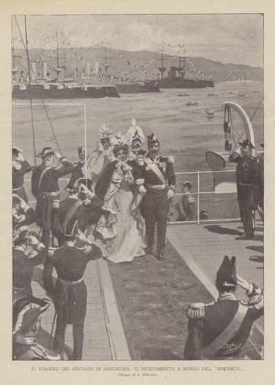 The Journey of the Sovereigns in Sardinia, mottaket om bord på Brennus av Achille Beltrame