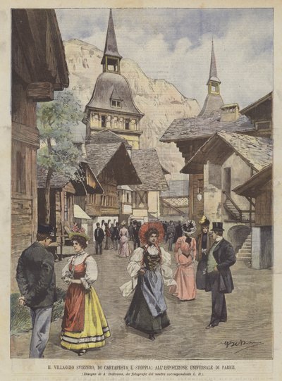 Den sveitsiske landsbyen, av Papier Mache og stubb, på den universelle utstillingen i Paris av Achille Beltrame