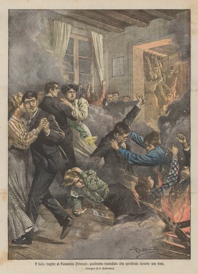 Den tragiske dansen til Fucecchio (Firenze), et brennende gulv som kollapser under en fest av Achille Beltrame