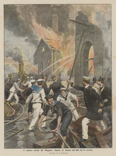Verftet til Muggiano (Spezia) i flammer i morgengryet av det 13. av Achille Beltrame