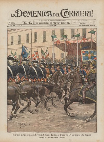 Den historiske karusellen til Piemonte Reale Cavalleria-regimentet i Brescia, på 57-årsjubileet for Storzesca av Achille Beltrame