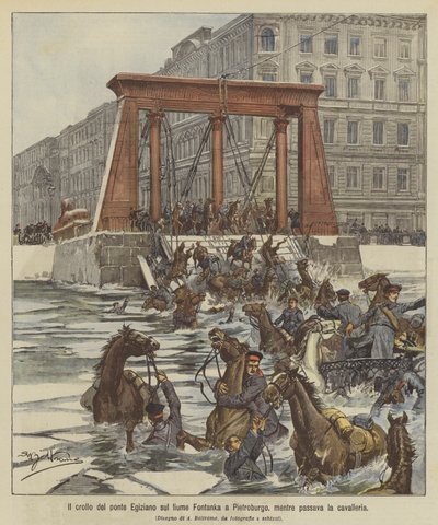 Sammenbruddet av den egyptiske broen over Fontanka-elven i Petersburg, da kavaleriet passerte av Achille Beltrame