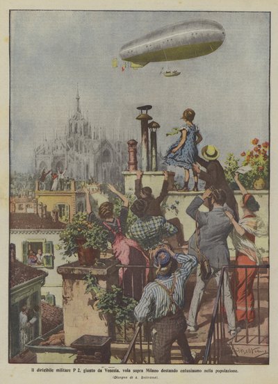 Militærluftskipet P 2, som ankom fra Venezia, flyr over Milano, og vekker entusiasme i befolkningen av Achille Beltrame
