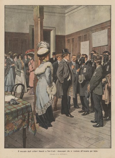 Det hvite slavemarkedet i New York, arbeidsledige som selger seg selv på auksjon for sult (farge litho) av Achille Beltrame