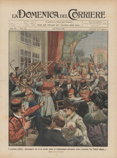 Det politiske øyeblikket, montenegrinere som protesterer mot i et lite teater i Konstantinopel? av Achille Beltrame
