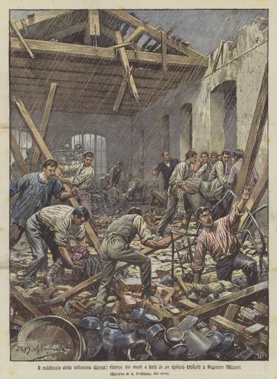Forrige ukes storm, søk etter døde og skadde i en kollapset fabrikk i Musocco (Milano) av Achille Beltrame