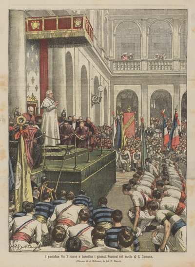 Pave Pius X tar imot og velsigner de franske gymnastene på gårdsplassen til S Damaso av Achille Beltrame