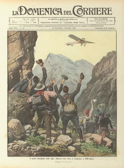 Det første flyet i Alpene, Chavez flyr mot Simplon, på 2500 meter av Achille Beltrame