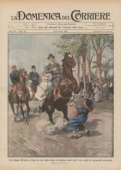 Redder kong Alfonso XIII en liten jente som har falt under hesten hans i Ceuta med et raskt trekk? av Achille Beltrame