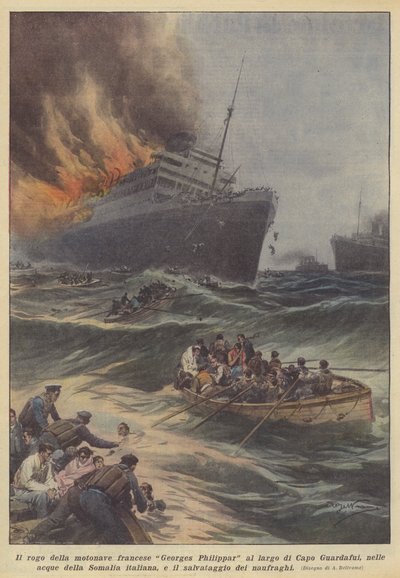 Brenningen av det franske motorskipet Georges Philippar utenfor Capo Guardafui, i vannet i? av Achille Beltrame