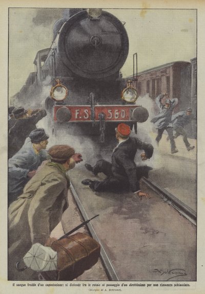 Det kalde blodet til en stasjonsmester strekker seg mellom skinnene ved passasjen av en veldig direkte rute for? av Achille Beltrame