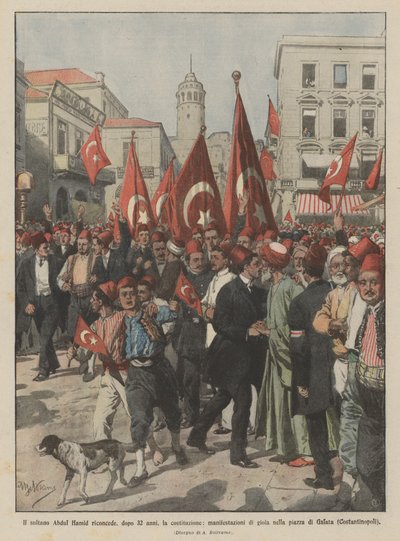Sultan Abdul Hamid, etter 32 år, bekrefter grunnloven, demonstrasjoner av glede i? av Achille Beltrame