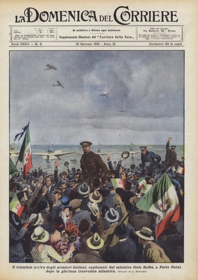 Den triumferende ankomsten til de italienske flygerne, kaptein Italo Balbo, til Porto Natal? av Achille Beltrame