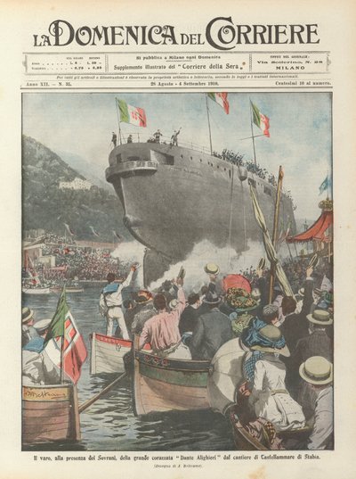 Lanseringen, i nærvær av suverene, av det store slagskipet Dante Alighieri fra verftet Castellammare di Stabia av Achille Beltrame